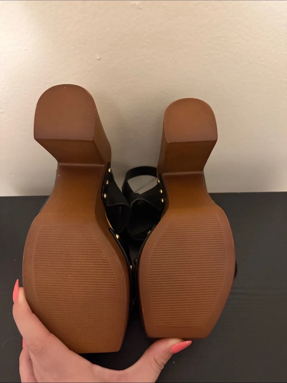 Qupid Black & Tan Platform Slingback Heels with Gold Buckles